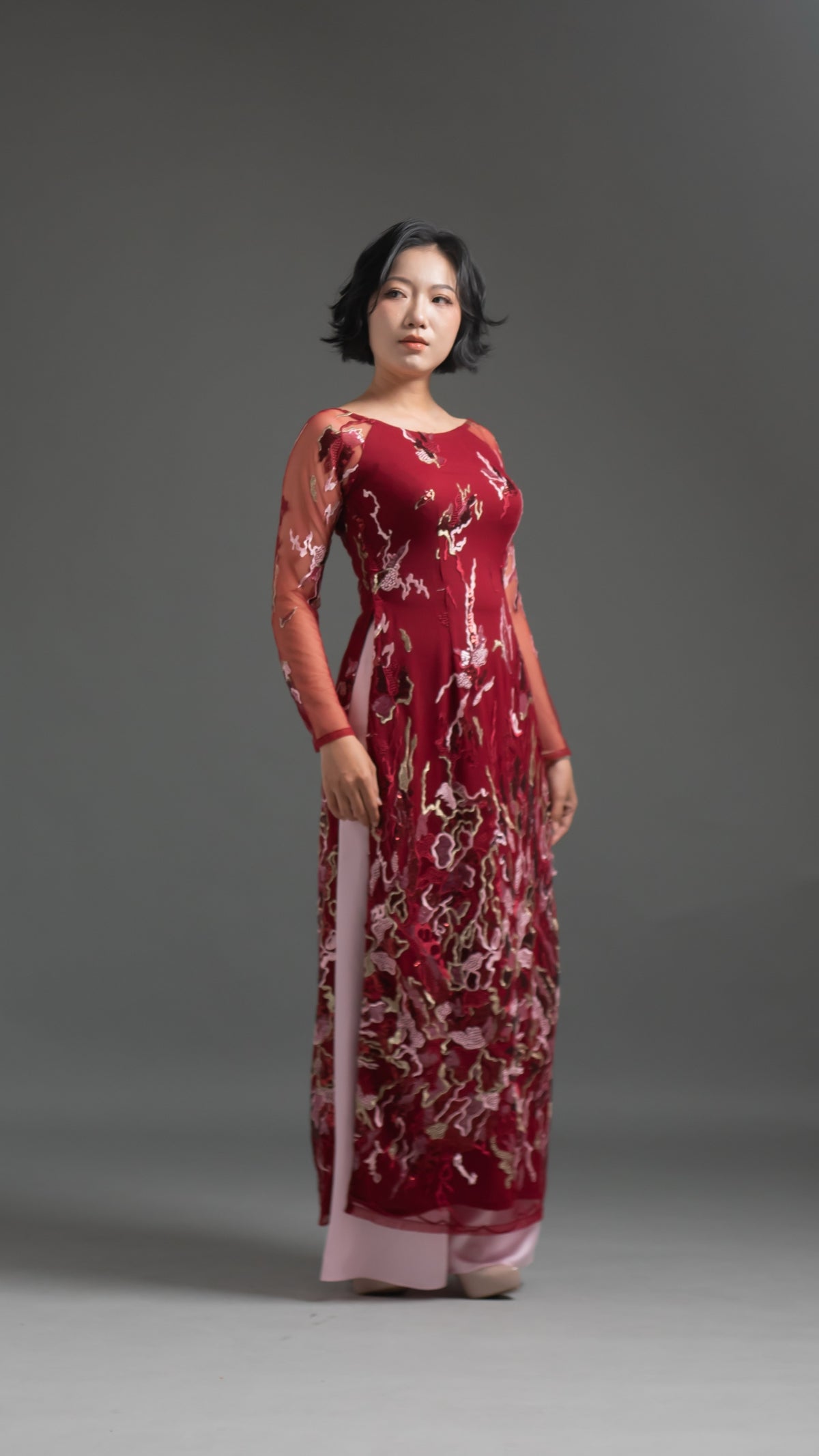 Sequined Elegance in Dark Red Ao Dai