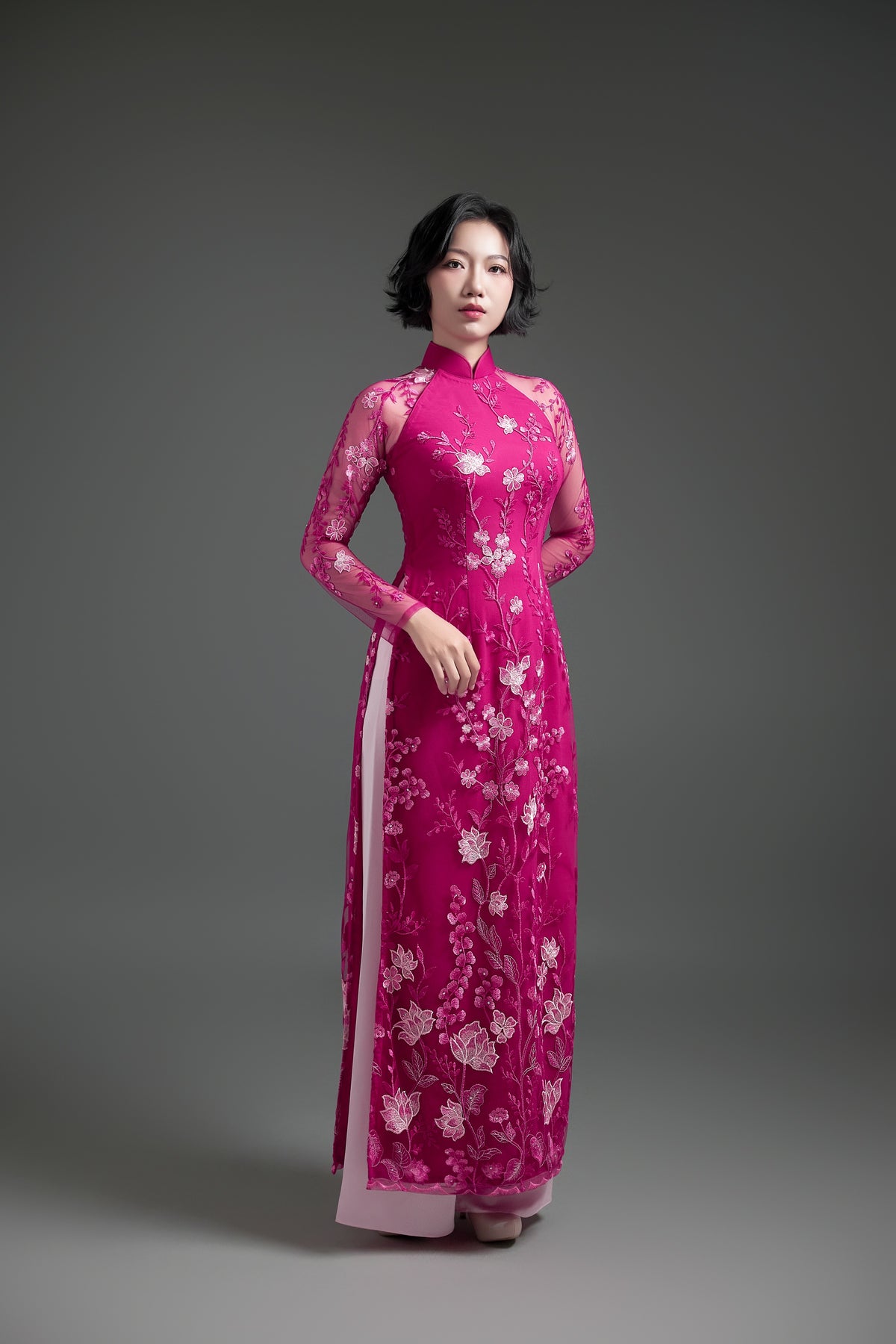 Pink Lace Ao Dai with Lotus Embroidery