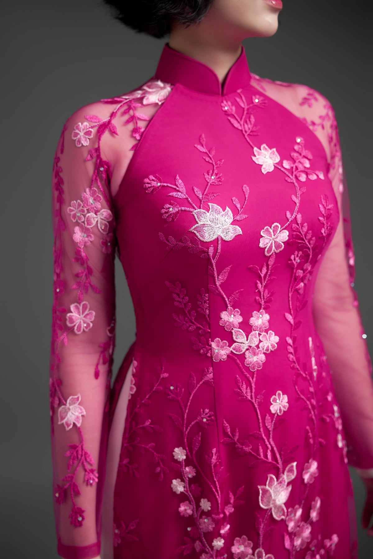 Pink Lace Ao Dai with Lotus Embroidery