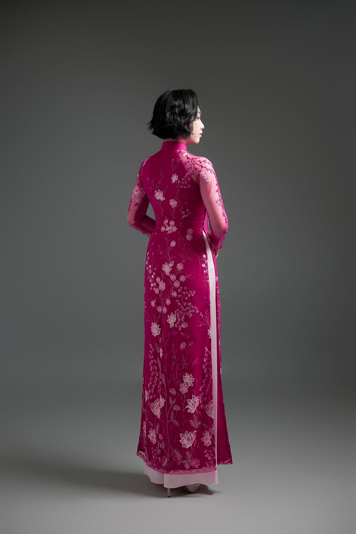 Pink Lace Ao Dai with Lotus Embroidery
