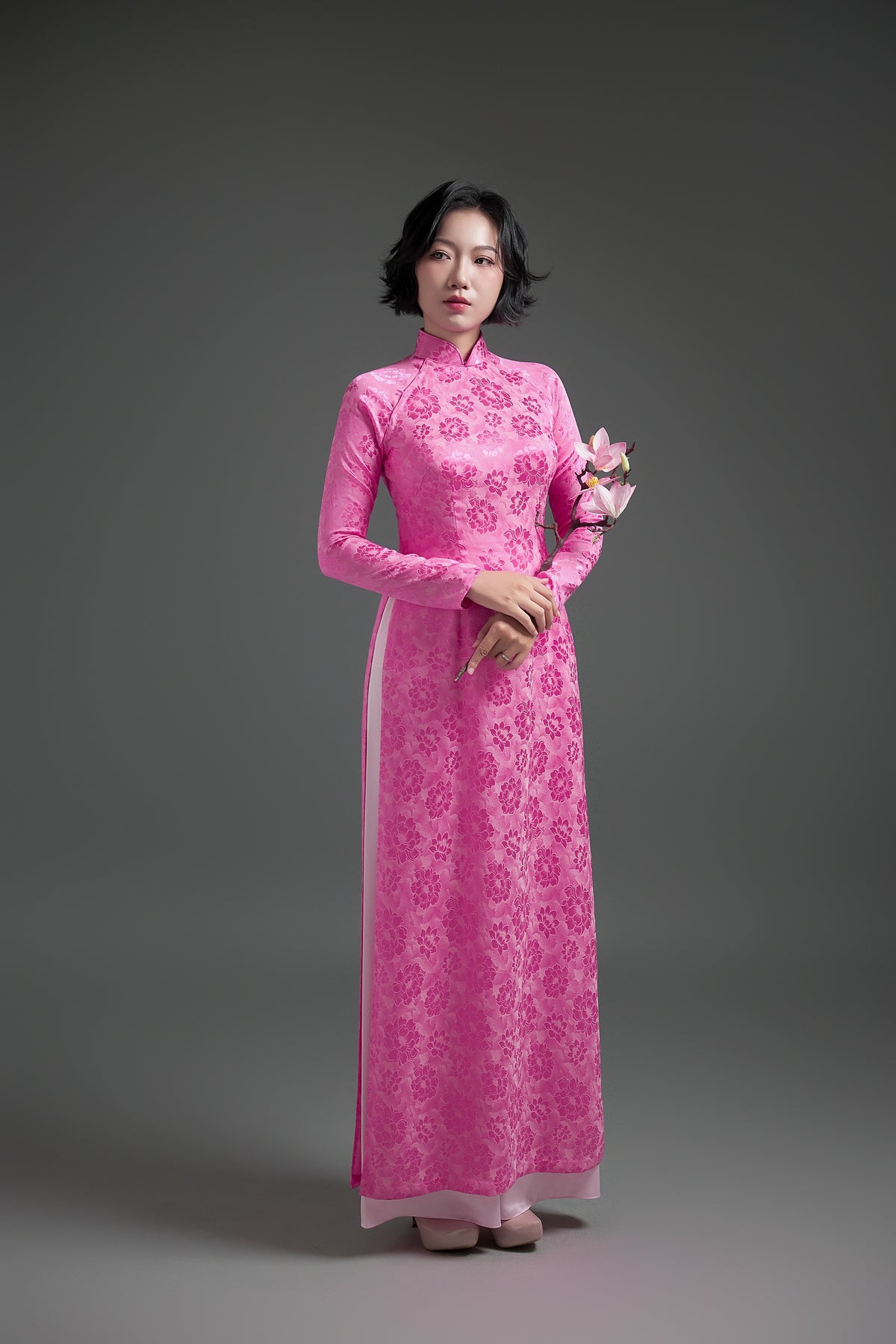 Pink Silk Brocade Áo Dài with Lotus Blossom Motif