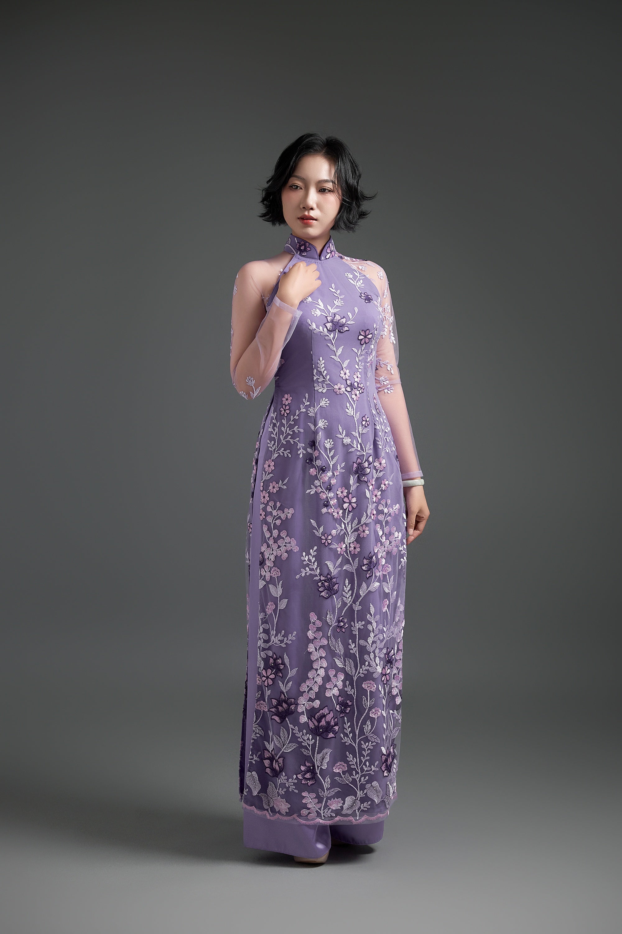 Purple Lace Ao Dai with Lotus Embroidery