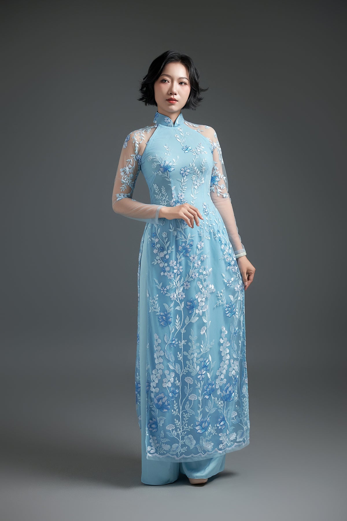 Pastel Blue Lace Ao Dai with Lotus Embroidery