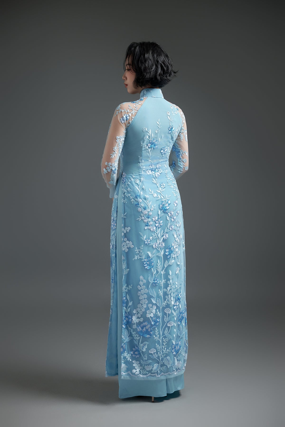 Pastel Blue Lace Ao Dai with Lotus Embroidery