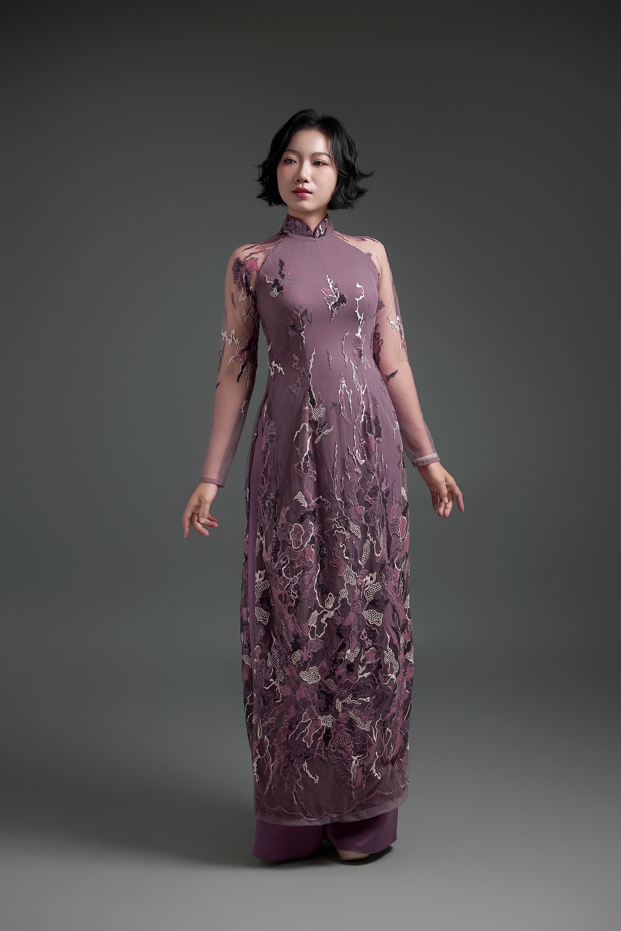 purple taupe dress Sequined Pattern on Purple Taupe Ao Dai