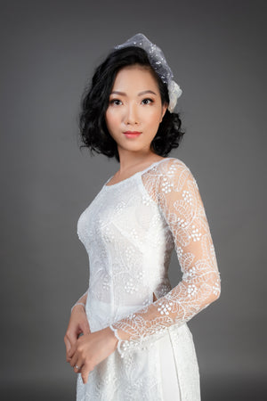 Only Sample US Size 6-8 - White ao dai dress. Vietnamese traditional dress in lace and chiffon