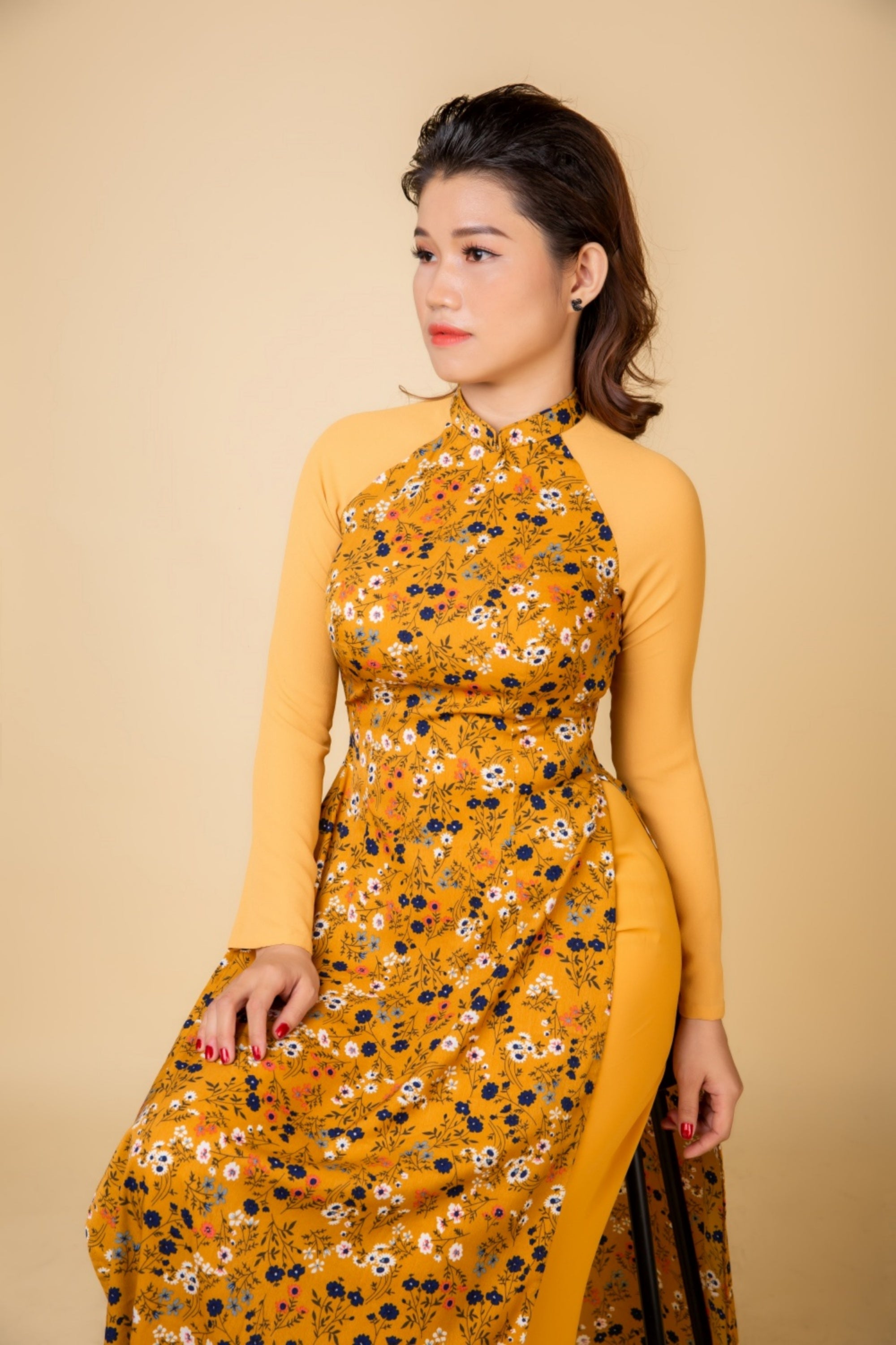 Ao dai dress with pants. Floral pattern silk stretch fabric.