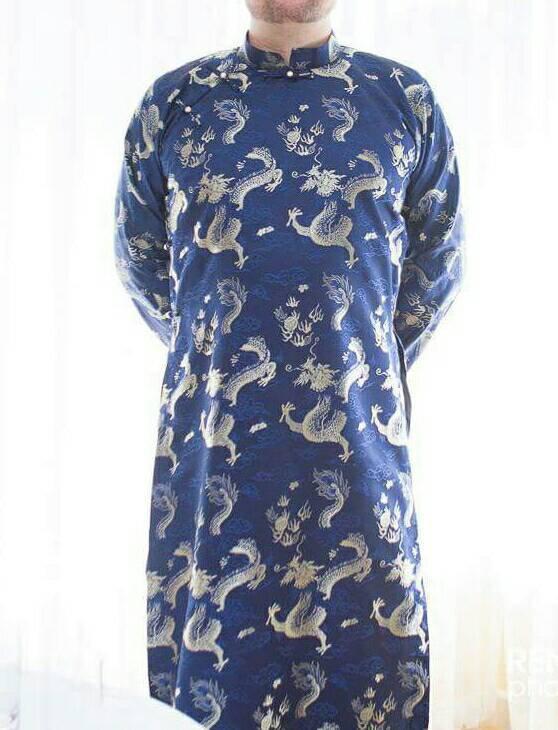 Dark Blue Brocade Men's ao dai - Vietnamese national clothing. Free custom fit.