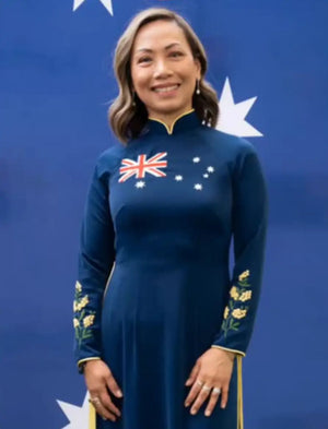 Australian Flag ao dai. Made-to-measure ao dai featuring hand-embroidered, Australian flag & golden wattle flower design