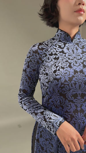 Elegant Midnight Blue Velvet Áo Dài with Damask Pattern