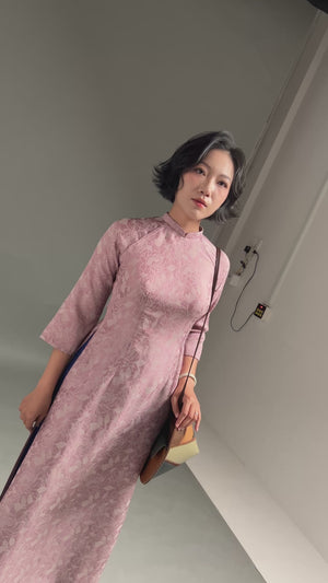 Orchid Pink Taffeta Ao Dai with Navy pants. Vietnamese Ao Dai. Traditional Ao Dai.