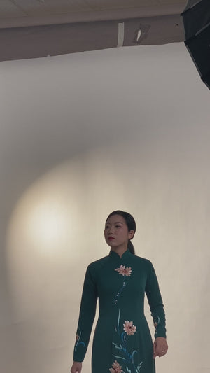 Ao Dai with Chrysanthemum Embroidered on Green Silk