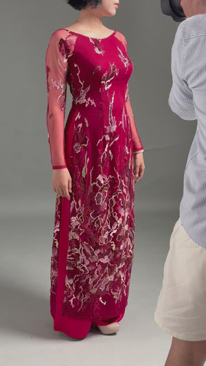 Sequined Elegance in Dark Red Ao Dai