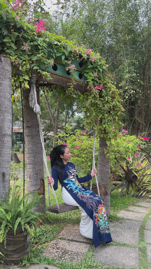 Custom made, hand-painted ao dai with spectactular floral motif on silk