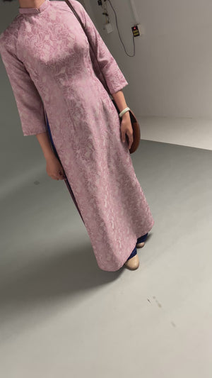 Orchid Pink Taffeta Ao Dai with Navy pants. Vietnamese Ao Dai. Traditional Ao Dai.