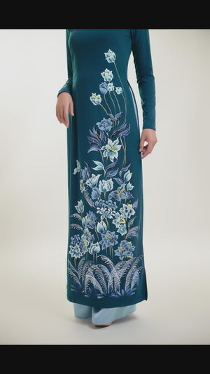 Hand-painted Ao Dai on Teal Silk