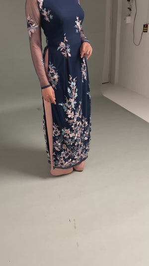 Embroidered Navy Lace Ao Dai