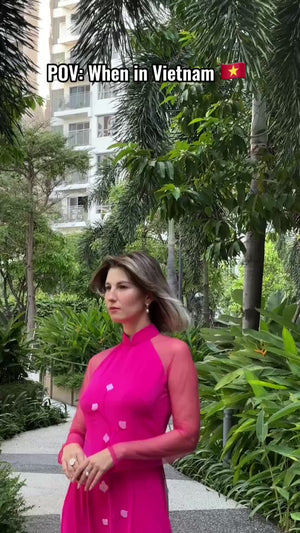 "Blushing Fuchsia" Embroidered Silk Áo Dài with Sheer Sleeves