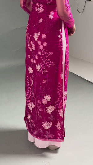 Pink Lace Ao Dai with Lotus Embroidery