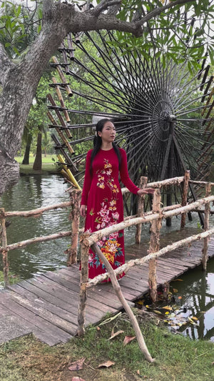 Made to measure ao dai. Hand-painted, floral motif on red silk