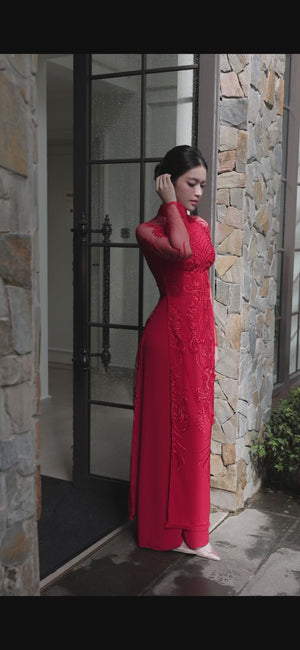 Embroidered Red Lace Wedding Ao Dai