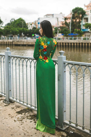 Green ao dai with beautiful embroidered floral design