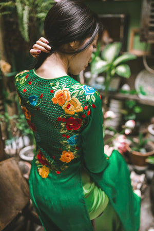 Green ao dai with beautiful embroidered floral design