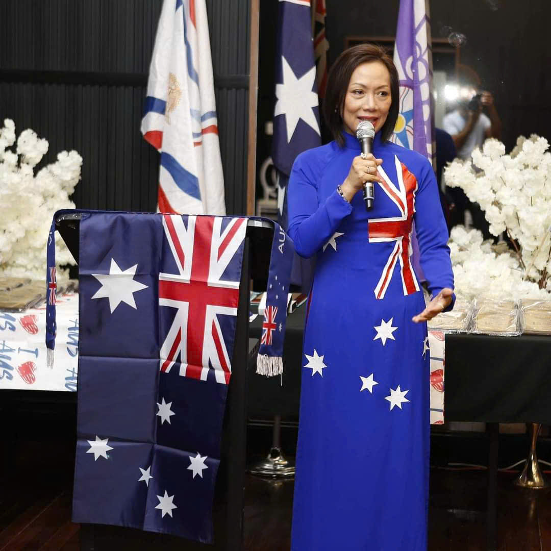 Australian flag ao dai. Made-to-measure silk ao dai featuring hand-painted, Australian flag design.