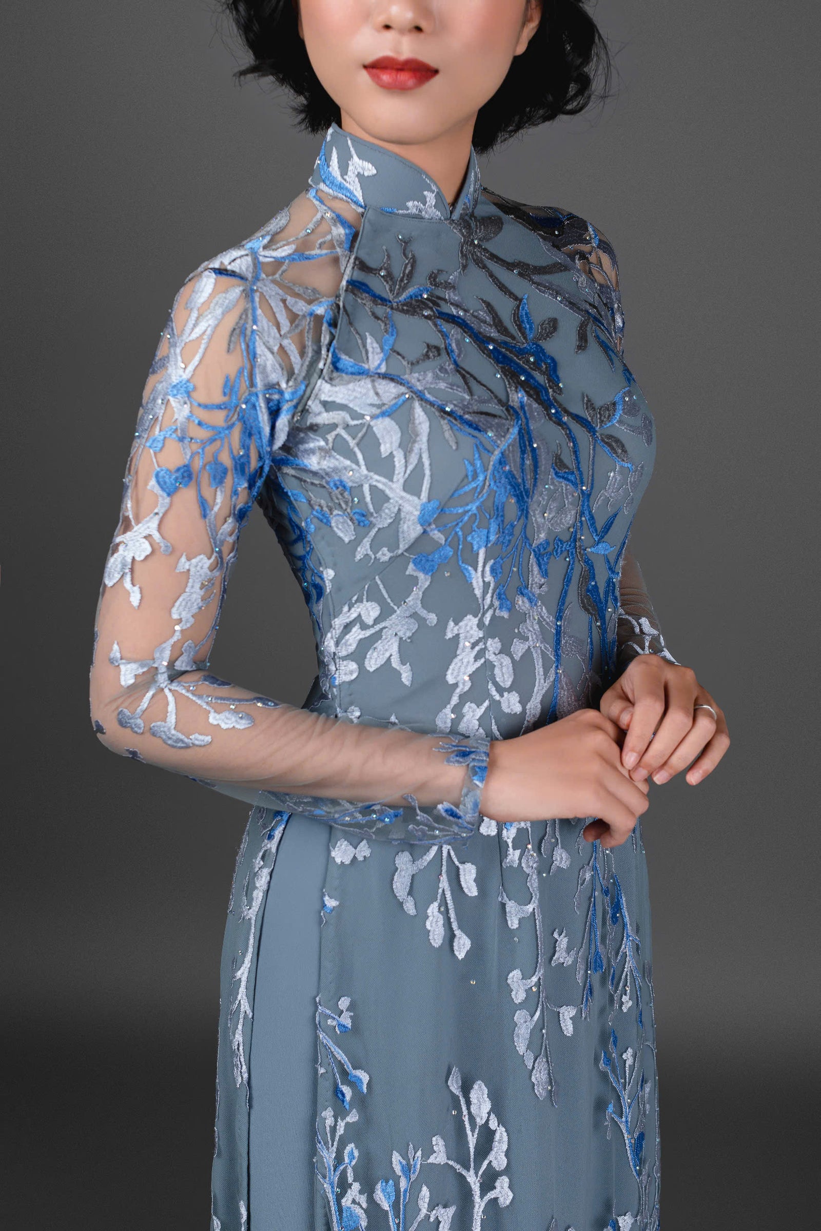Elegant Vietnamese Ao Dai Dress - Floral blue and gray lace over gray chiffon fabric