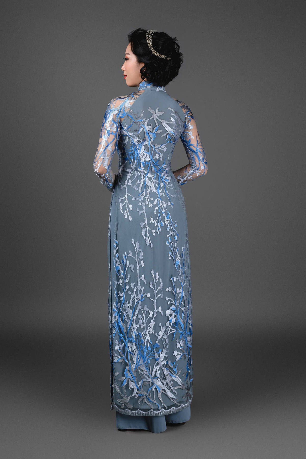 Elegant Vietnamese Ao Dai Dress - Floral blue and gray lace over gray chiffon fabric