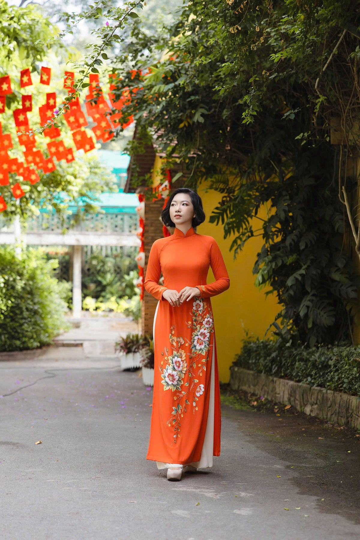Orange Ao Dai with Handcrafted Flowers & Crystals