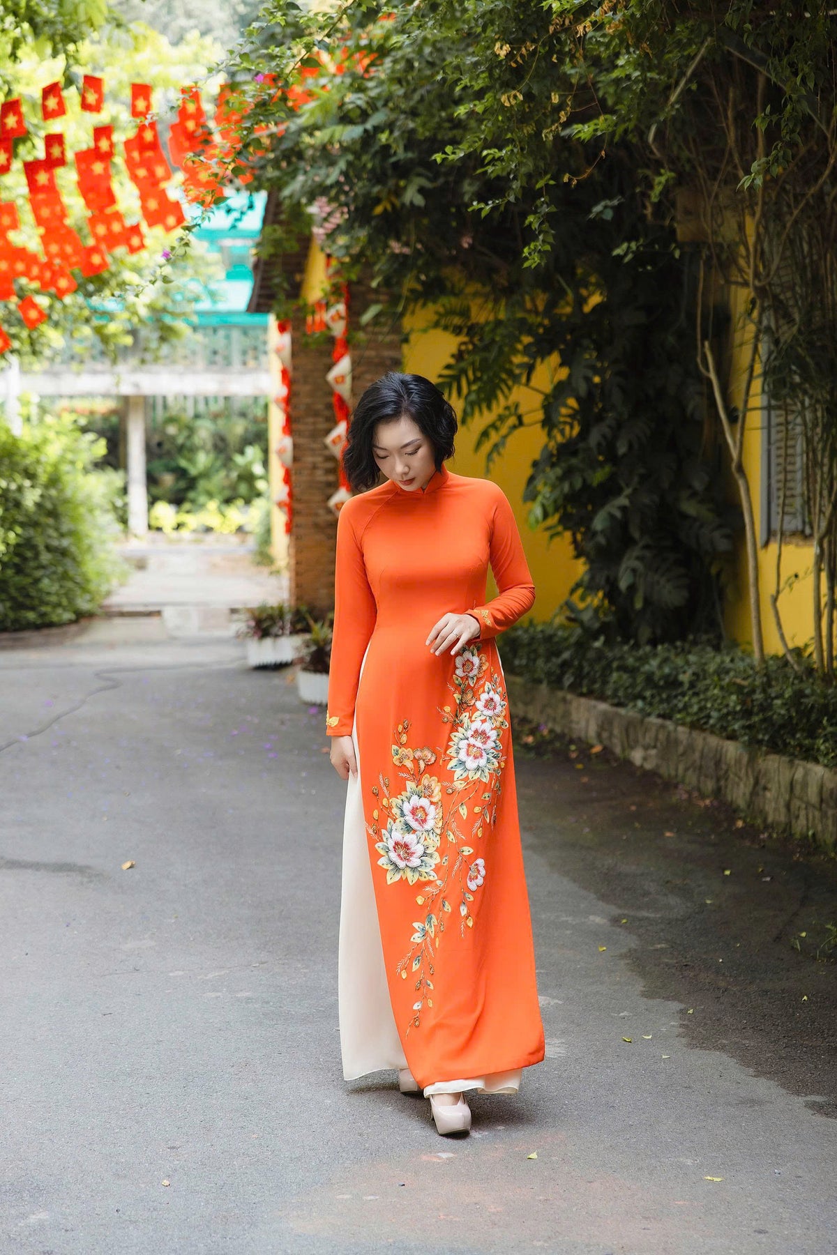 Orange Ao Dai with Handcrafted Flowers & Crystals