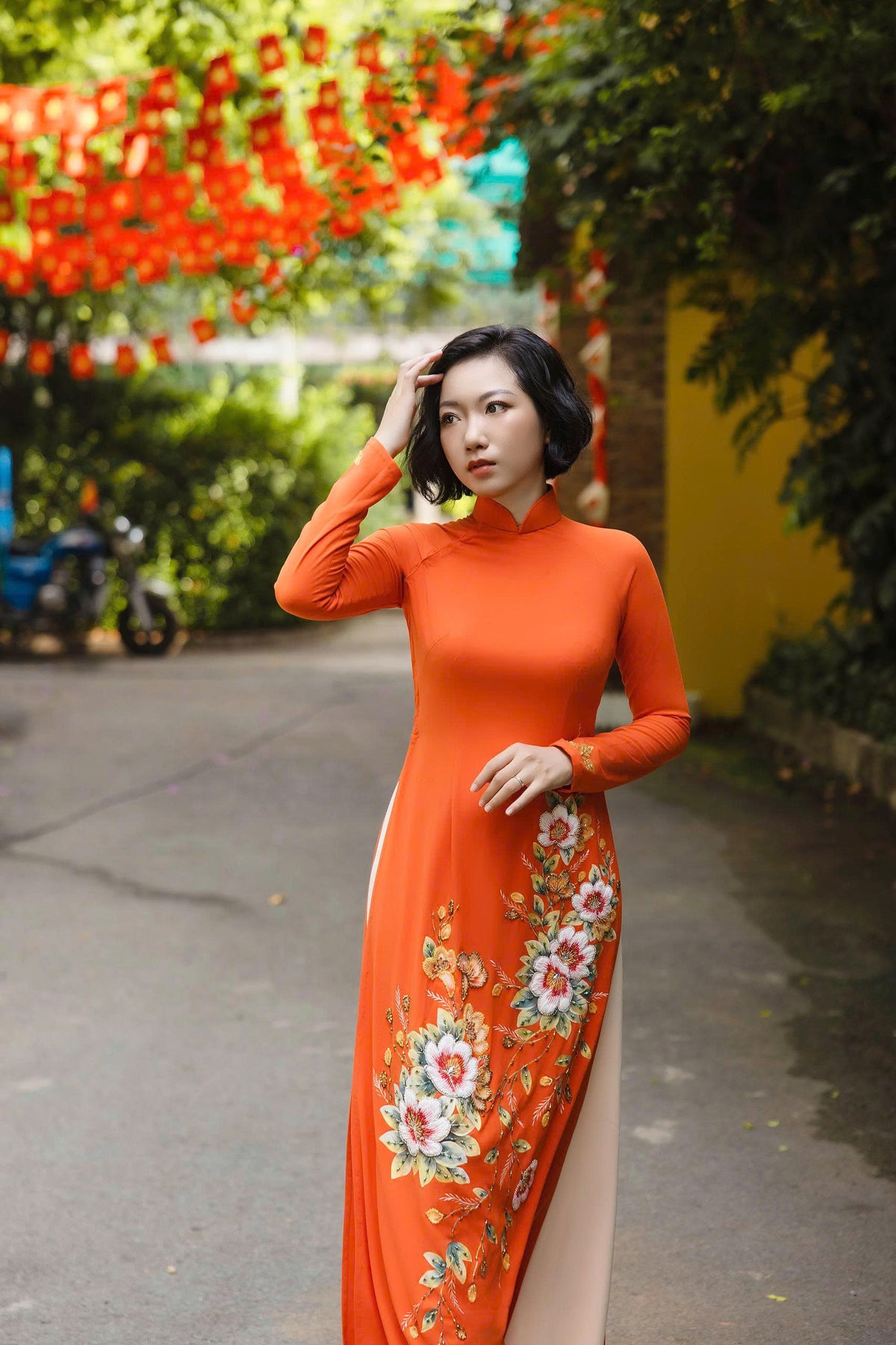 Orange Ao Dai with Handcrafted Flowers & Crystals