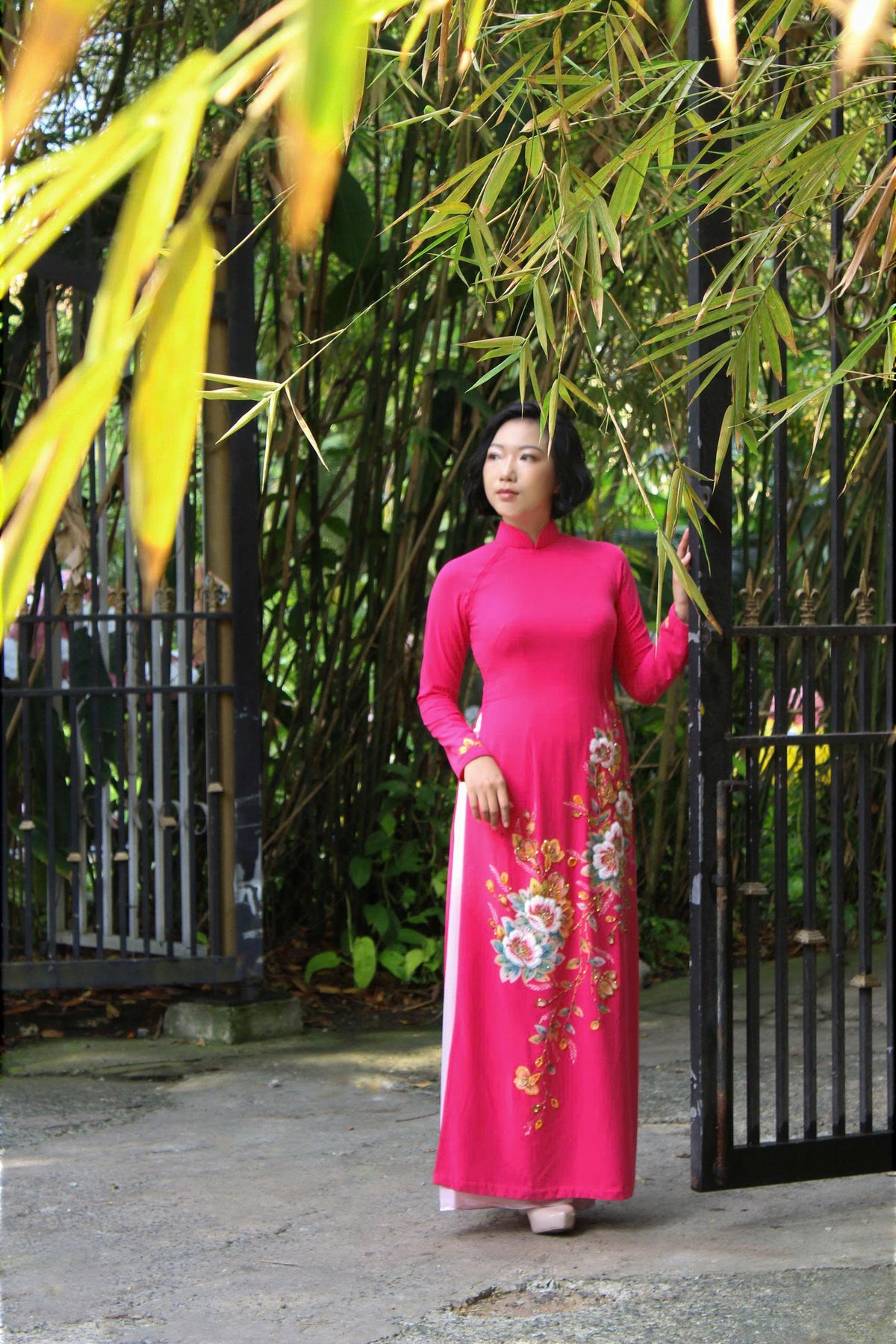 Fuchsia Ao Dai with Handcrafted Flowers & Crystals
