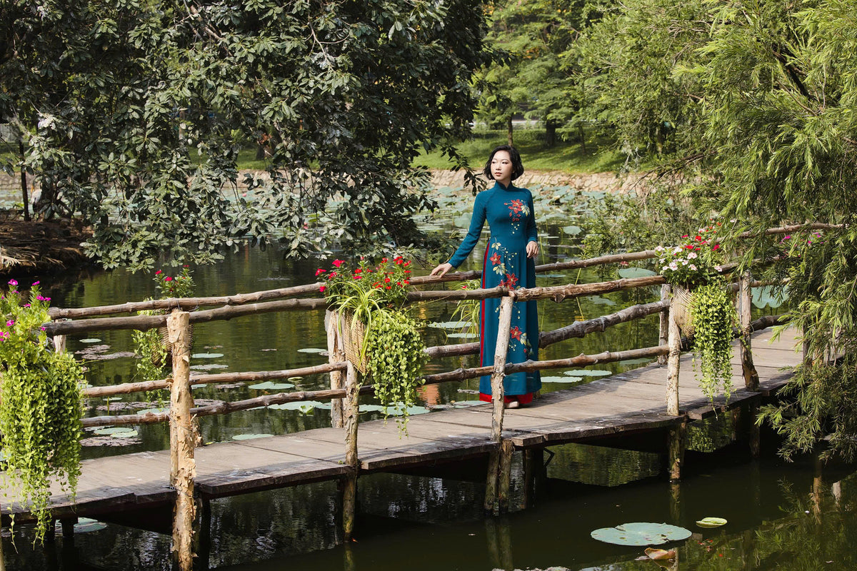 Teal Ao Dai with Handcrafted Flowers & Crystals