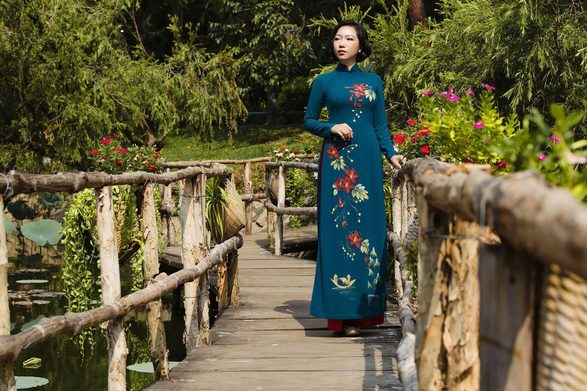 Teal Ao Dai with Handcrafted Flowers & Crystals