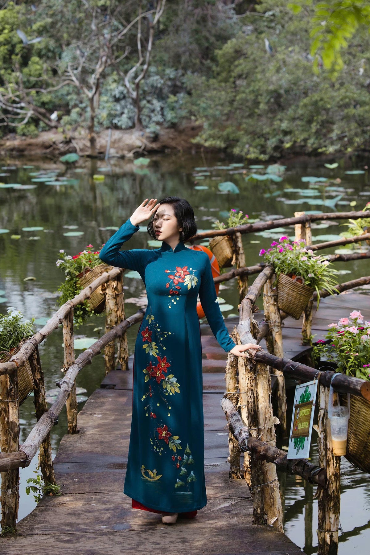Teal Ao Dai with Handcrafted Flowers & Crystals