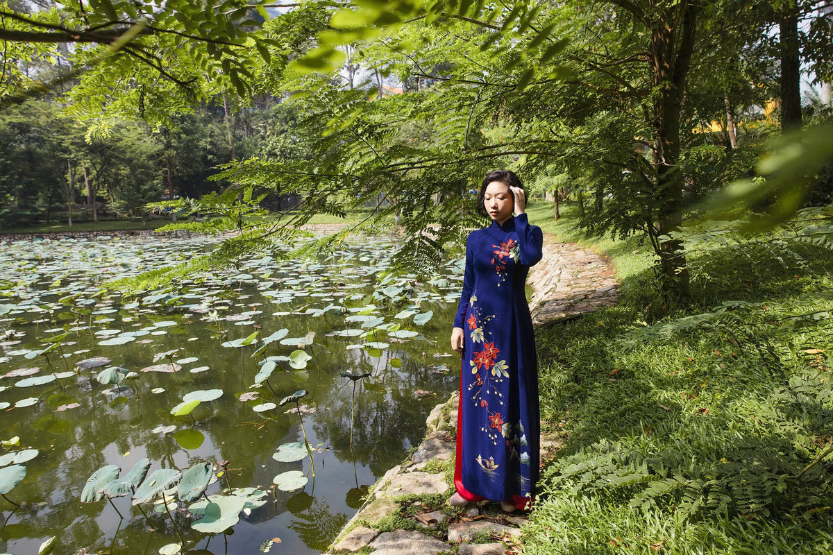 Blue Ao Dai with Handcrafted Flowers & Crystals