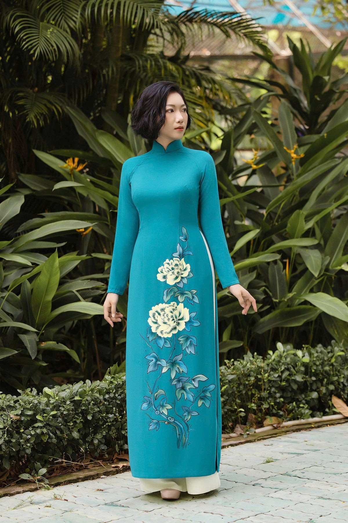 Turquoise Ao Dai with Handcrafted Rose