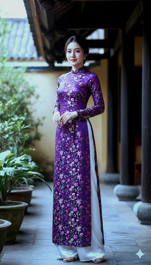 Custom made Vietnamese ao dai dress in purple brocade fabric and flower motif