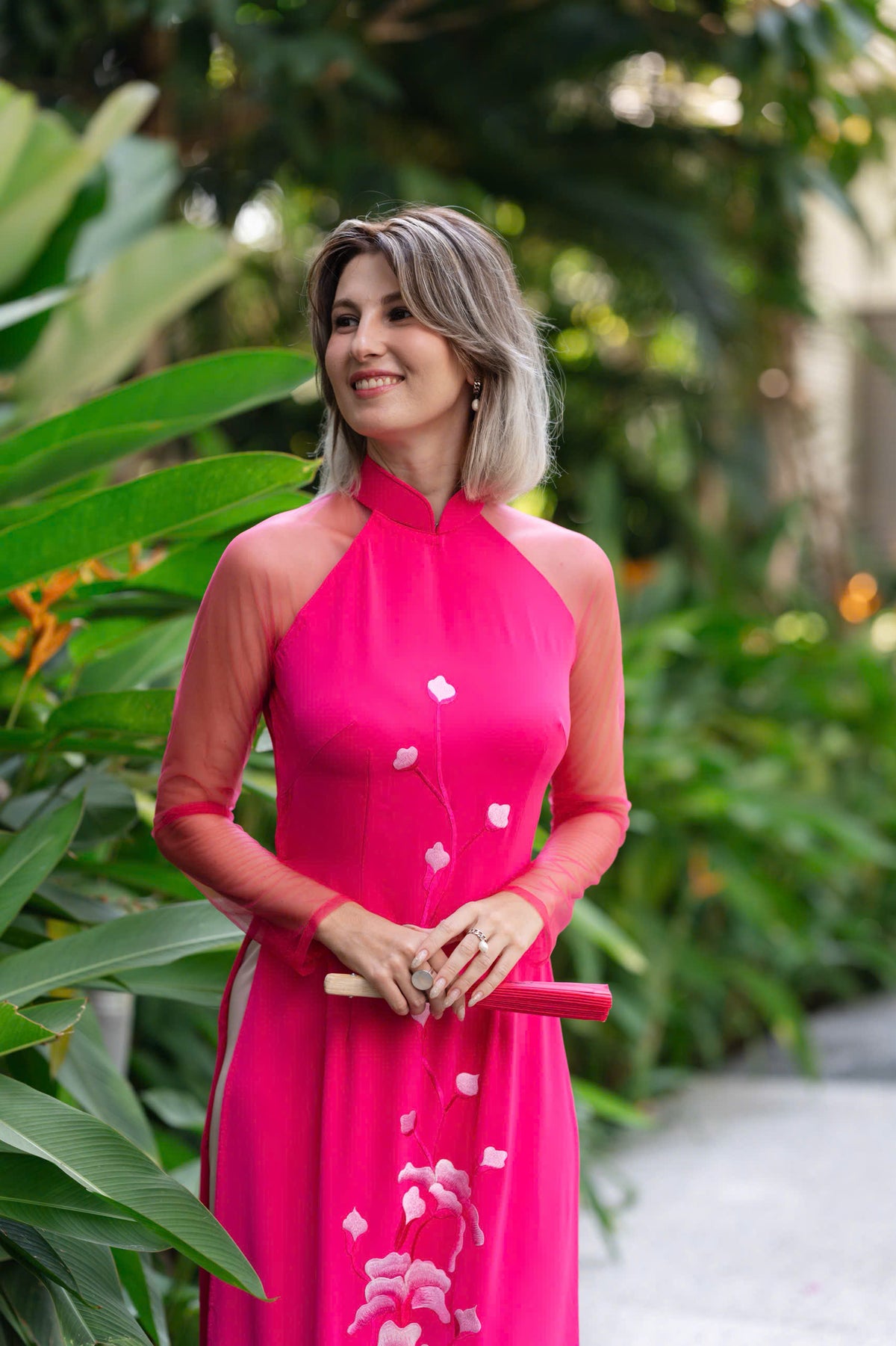 "Blushing Fuchsia" Embroidered Silk Áo Dài with Sheer Sleeves