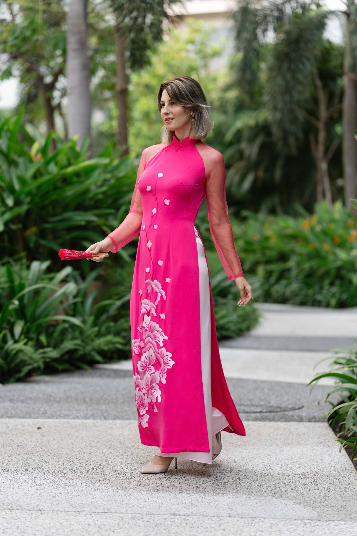 "Blushing Fuchsia" Embroidered Silk Áo Dài with Sheer Sleeves