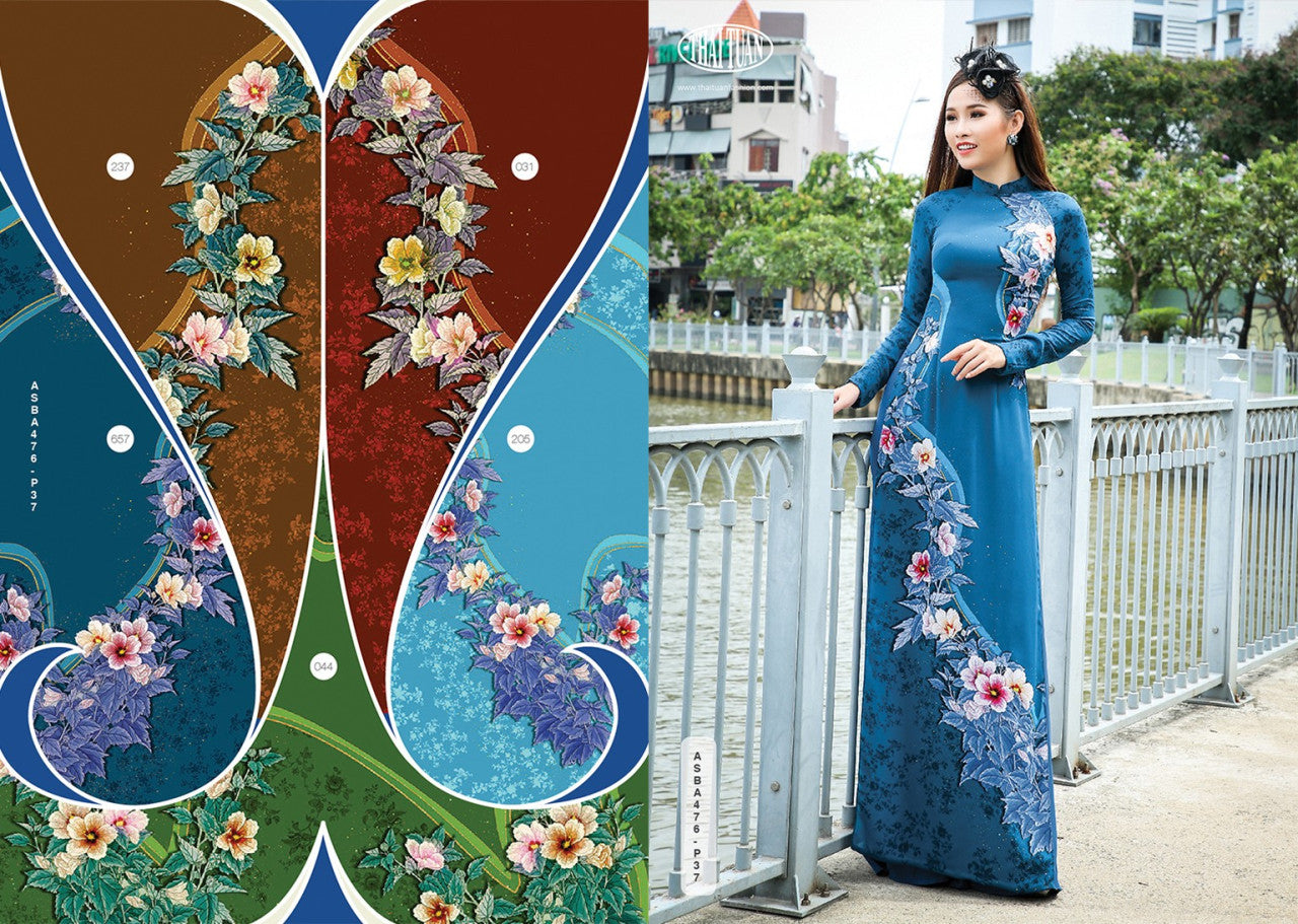 Made-to-measure ao dai by Mark&Vy using high quality, Thai Tuan fabric. Eye-catching floral motif.