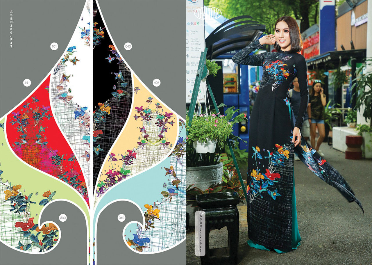 Made-to-measure ao dai by Mark&Vy using high quality, Thai Tuan fabric. Artistic, stylized, floral motif.