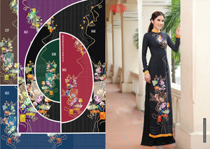 Made-to-measure ao dai by Mark&Vy using high quality, Thai Tuan fabric. Elegant, floral motif.