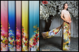 Made-to-measure ao dai by Mark&Vy using high quality, Thai Tuan fabric. Eye-catching yet elegant motif.