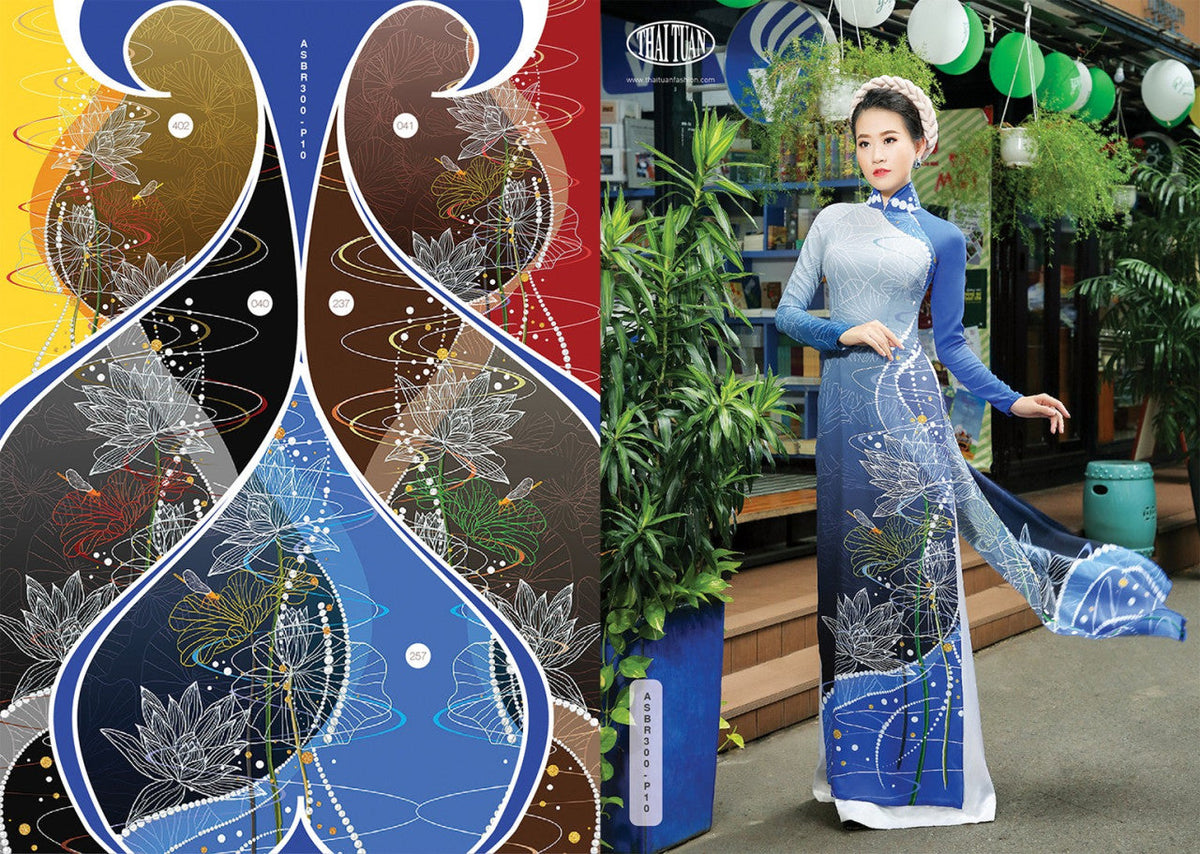 Made-to-measure ao dai by Mark&Vy using high quality, Thai Tuan fabric. Stylized lotus motif,