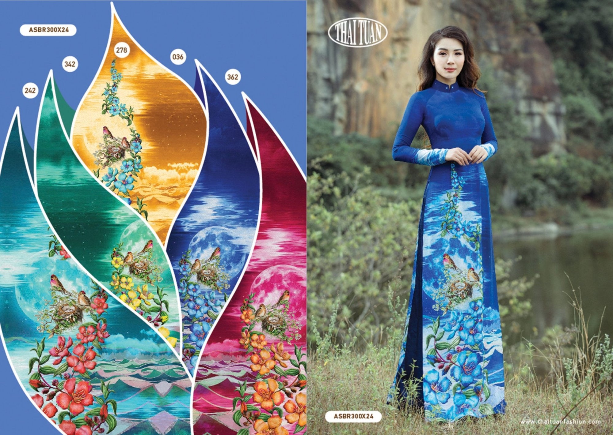 Made-to-measure ao dai by Mark&Vy using high quality, Thai Tuan fabric. Beautiful, bird/floral motif.