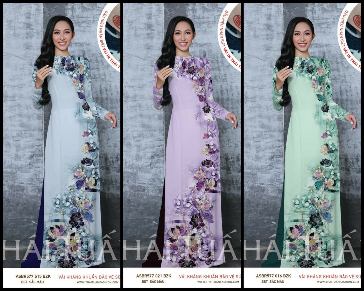 Made-to-measure ao dai by Mark&Vy using high quality, Thai Tuan fabric. Elegant floral motif.