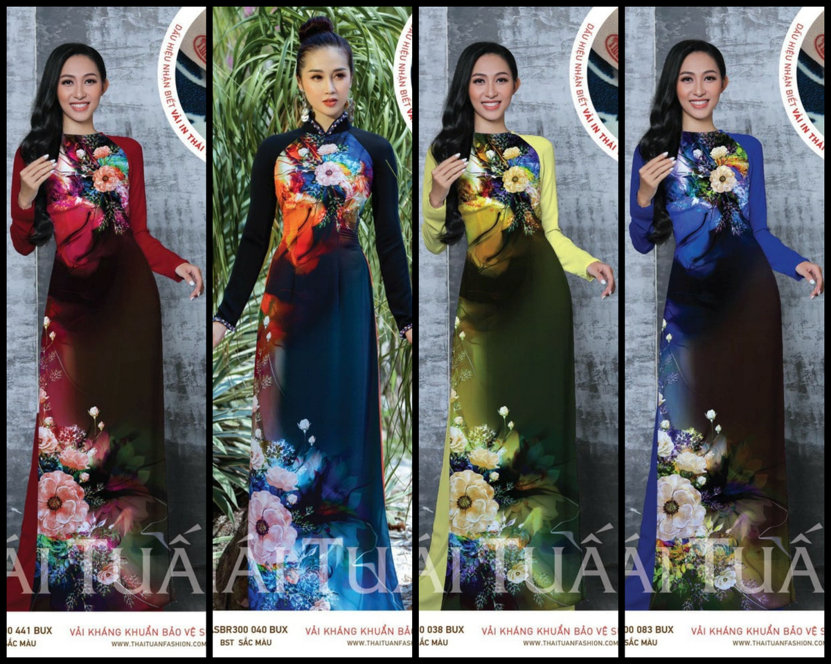 Made-to-measure ao dai by Mark&Vy using high quality, Thai Tuan fabric. Bold & elegant floral motif.